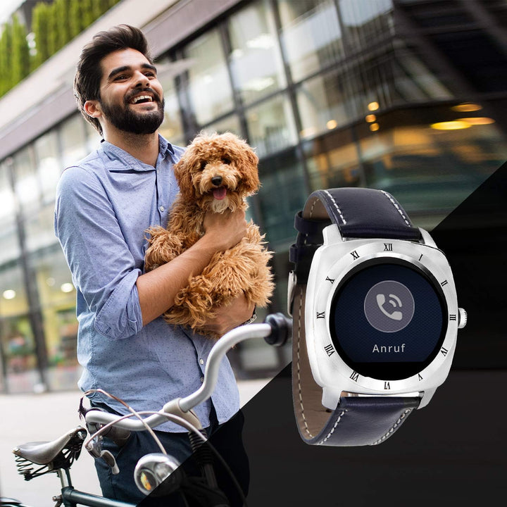 X-WATCH 54018 NARA XW PRO Herren Smartwatch, Apple iOS und Android kompatibel - Lederarmband Navy Bl