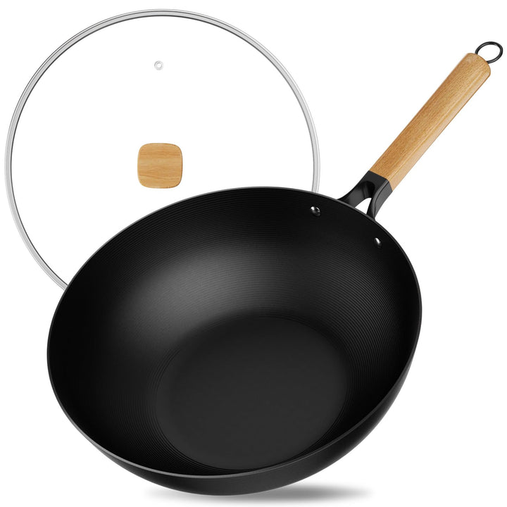 Jobin 30cm Wok Antihaft mit Deckel, Wokpfanne Induktion Ohne Chemische Beschichtung und Grosses Fass