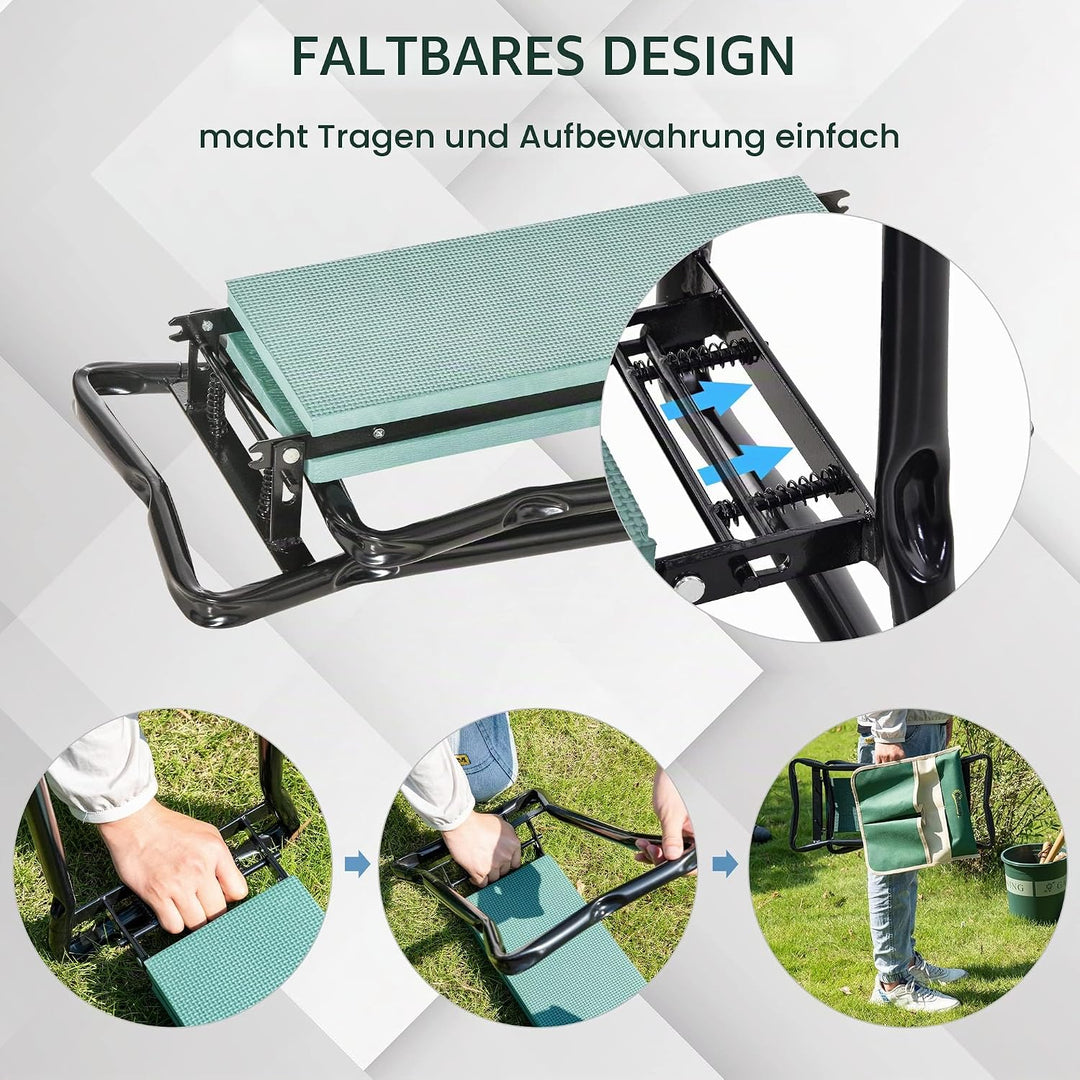 Outsunny Kniebank, Klappbarer Gartenhocker, 2-in-1, Kniehilfe, mit Werkzeugtasche, Eva-Schaumstoff,