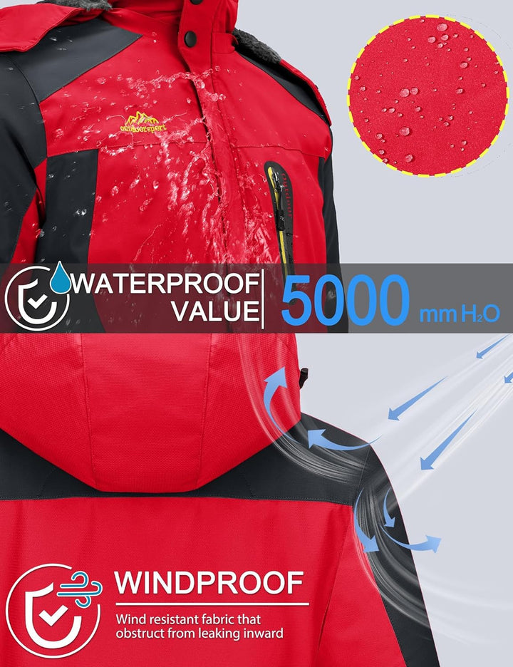 TACVASEN Herren Warme Skijacke Gefütterte Winterjacke Wasserabweisende Funktionsjacke mit Abnehmbare