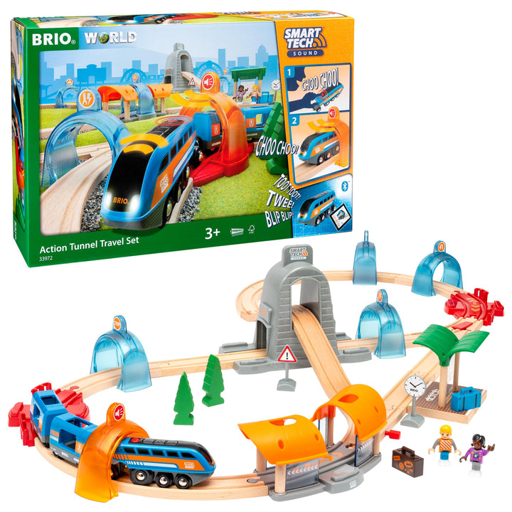 BRIO World 33972 Smart Tech Sound Action Tunnel Reisezug Set Elektrischer Zug mit Schienen & Tunnel