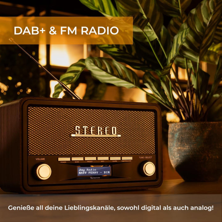 Denver DAB Radio DAB18, Radio mit Bluetooth, Retro Radio aus Holz, FM Radio, DAB, DAB+, AUX, Batteri