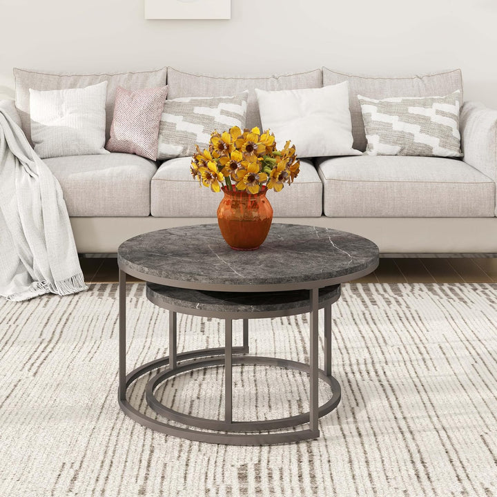 hitsuki Couchtisch Rund 2er Set, Marmor Couchtisch Grau Metallgestell Wohnzimmertisch Grau, Beistell