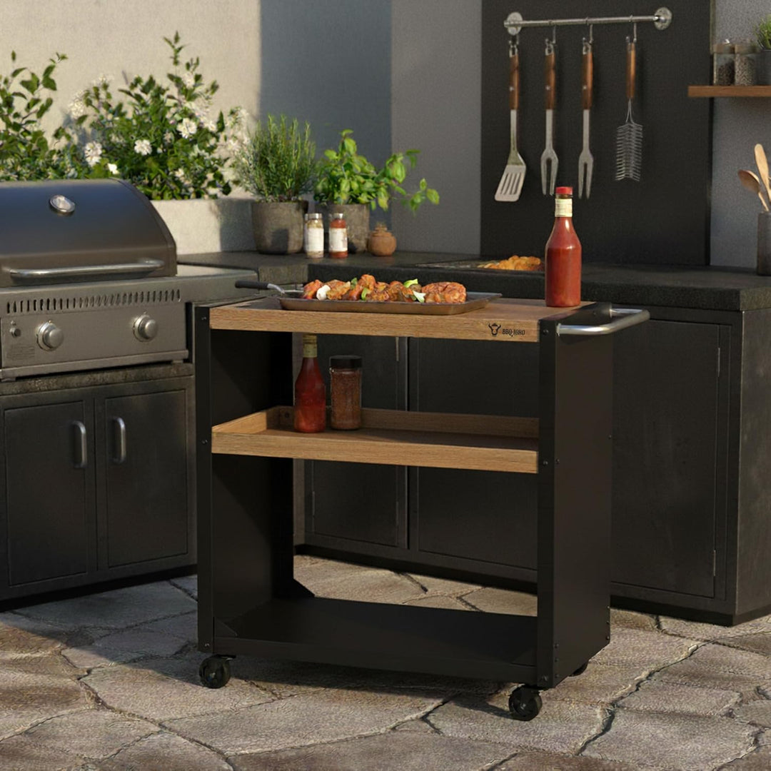BBQ-Toro Grillwagen 95 x 50 x 90 cm | Schwarz mit Holzoptik | Grilltisch mit grosser Arbeitsfläche |