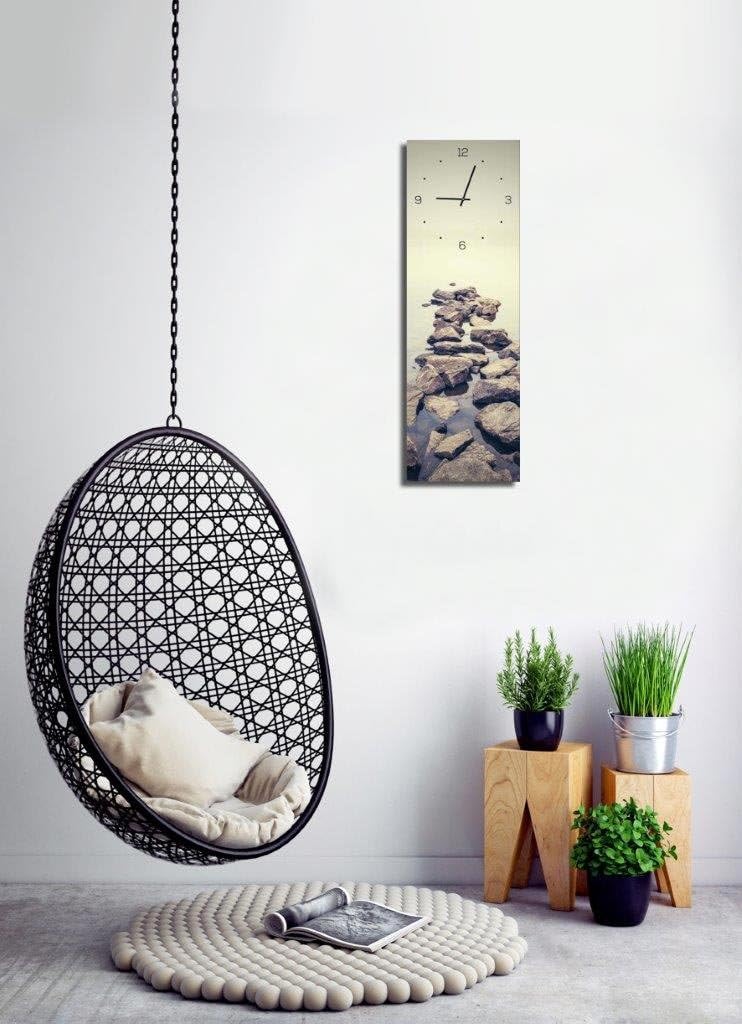 levandeo Wanduhr aus Glas 20x60cm Uhr als Glasbild Steine Meer Natur Dekoration