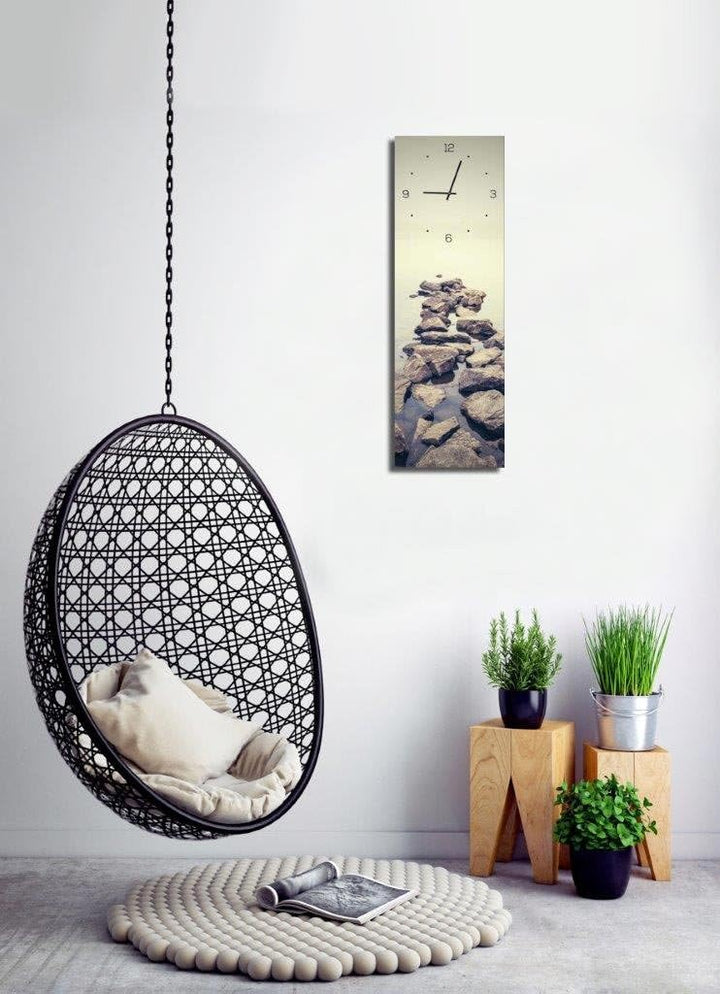 levandeo Wanduhr aus Glas 20x60cm Uhr als Glasbild Steine Meer Natur Dekoration