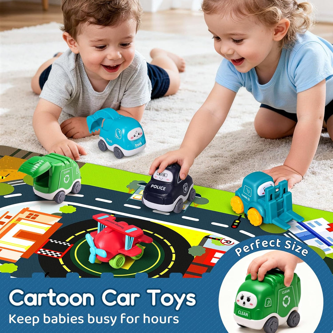lerrbo 6 PCS Cartoon Lastwagen Auto Spielzeug mit Kräne/Spielmatte/Aufbewahrungstasche|Babyspielzeug