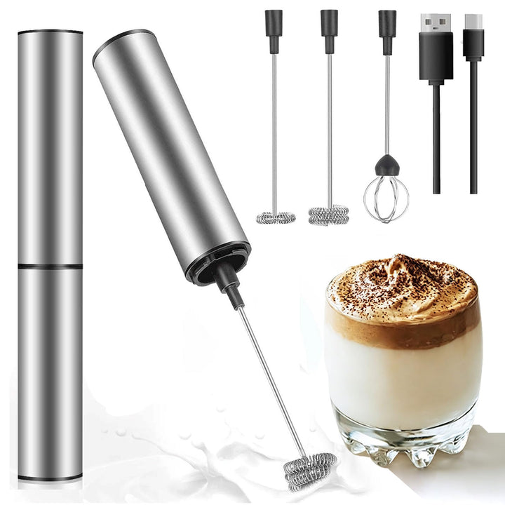 Edelstahl Milchaufschäumer, 3-in-1 Mini-Handmixer Elektrisch USB Wiederaufladbar, Schnellschaum, 3 S