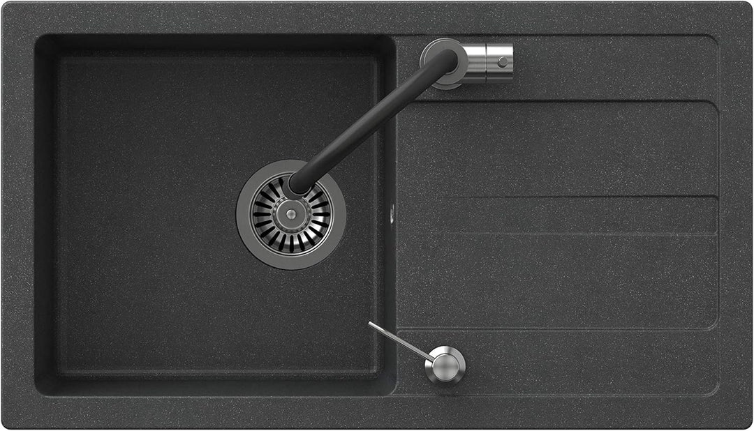 VBChome Spülbecken mit Armatur 77 x 44 cm Schwarz Einzelbecken Einbauspüle Abtroffläche gesprenkelt