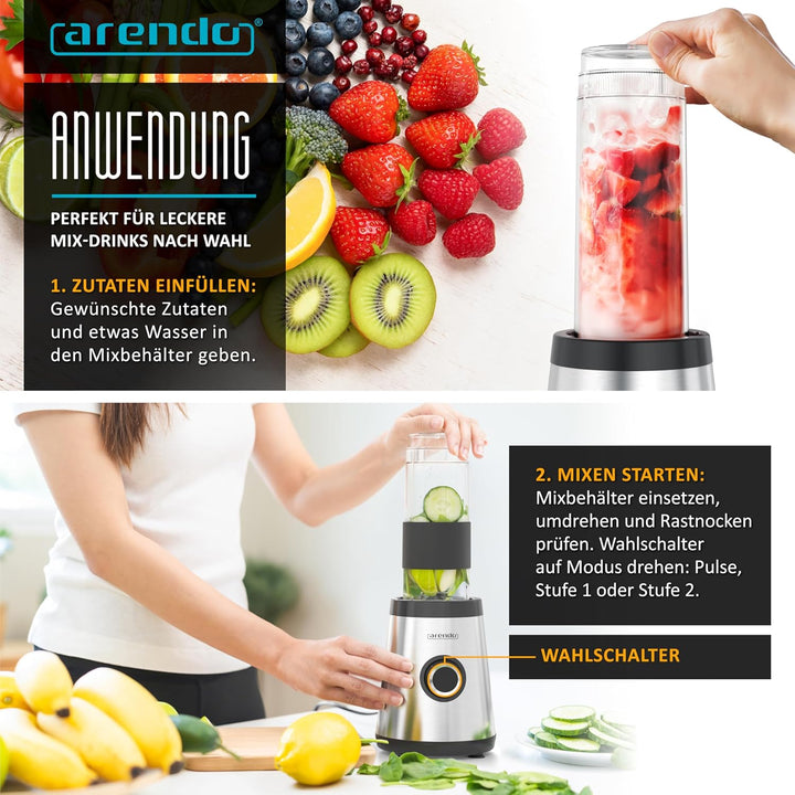 Arendo - Standmixer klein - 500 W – mini Smoothie Maker to Go - Mixer - zwei Becher – 500-570 ml – K