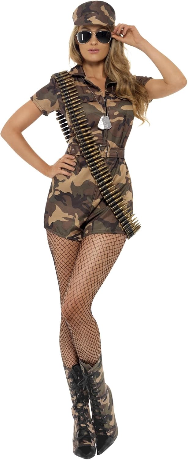 Smiffys - Damen Sexy Army Girl Kostüm, Kurzer Jumpsuit, Gürtel und Hut, grün, M