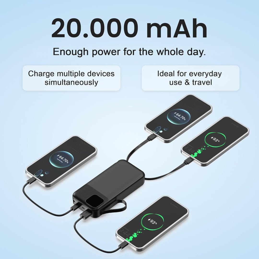 Powerbank 20.000 mAh Schwarz – 22,5 W Schnelllade-Powerbank mit PD 20W, integriertem USB-C- & Lightn