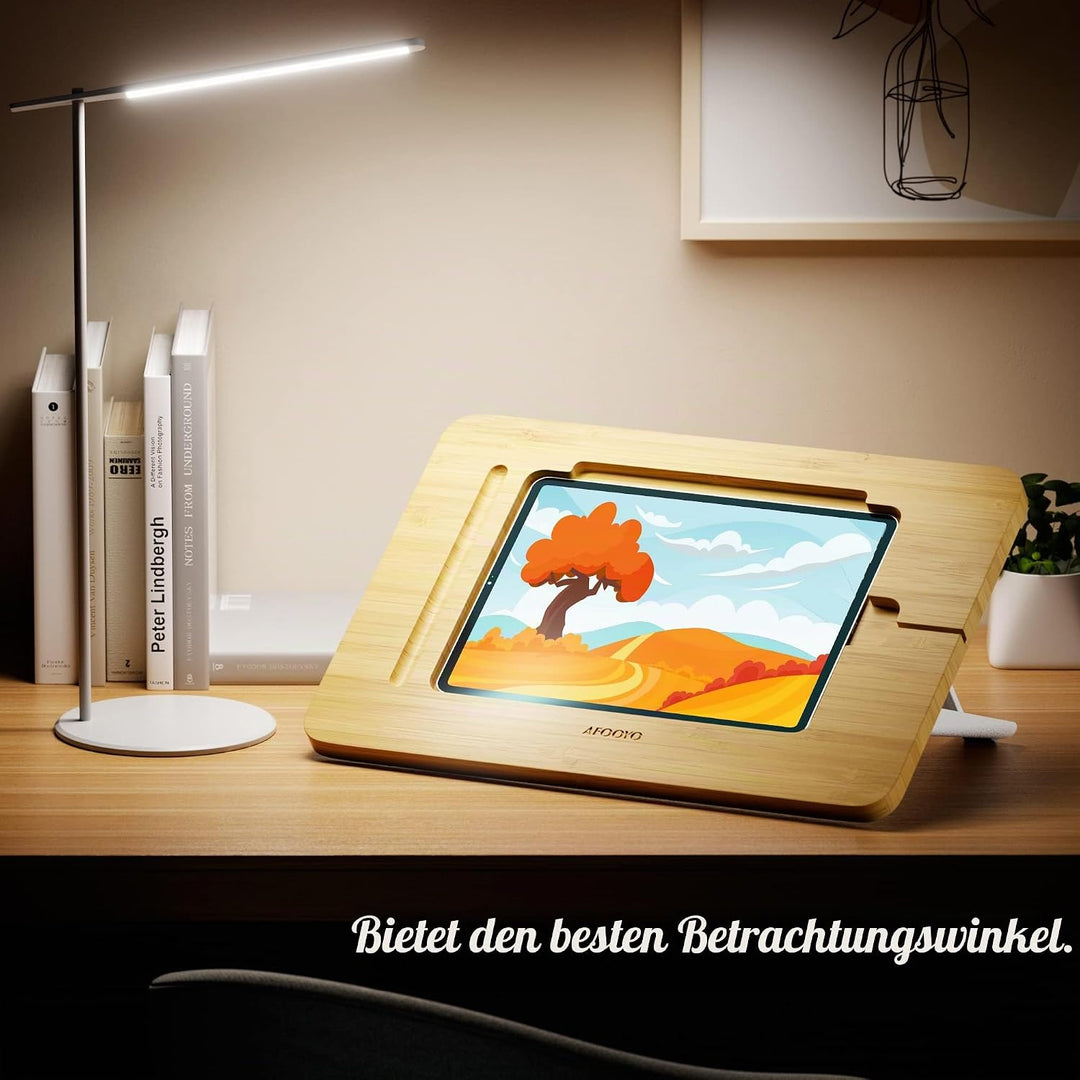 AFOOYO Tablet-Ständer, verstellbar, faltbar, tragbar, für Schreibtisch, Bambus, Holz, kompatibel mit