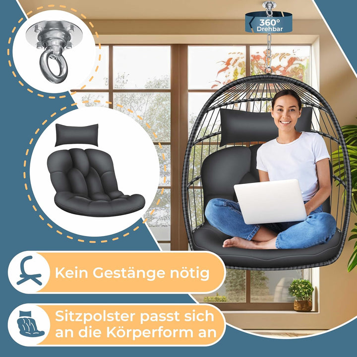 KESSER® Hängesessel Jungle mit Gestell Stahl Hängekorb Sessel Grossen Kissen + Decken Halterung + Co