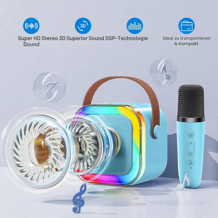 Mini Karaoke Maschine mit 2 Drahtlosen Mikrofonen, Karaoke Maschine Kinder, tragbarer Bluetooth-Laut