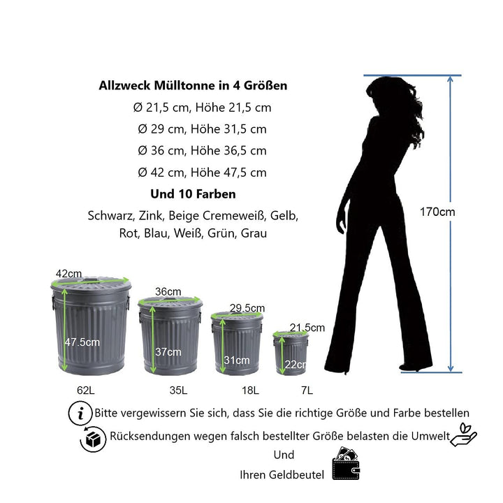 Jinfa Ascheeimer mit Deckel feuerfest Mülltonne Mülleimer Universaltonne | Schwarz | Ø 36 cm, Höhe 3