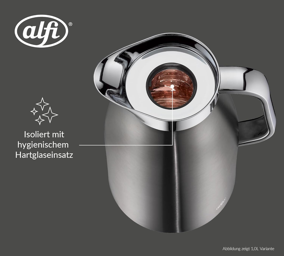 alfi SKYLINE 650ml, cool grey mat, Edelstahl-Isolierkanne mit hygienischem Hartglaseinsatz, Drehvers