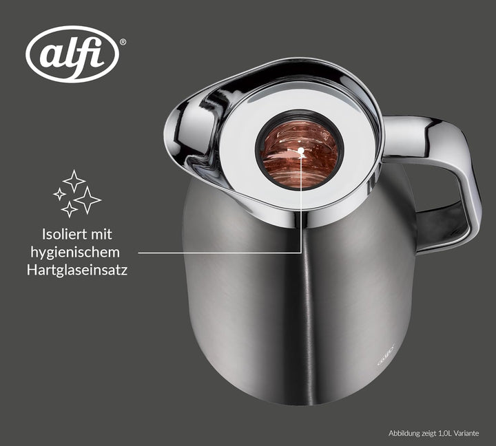 alfi SKYLINE 650ml, cool grey mat, Edelstahl-Isolierkanne mit hygienischem Hartglaseinsatz, Drehvers