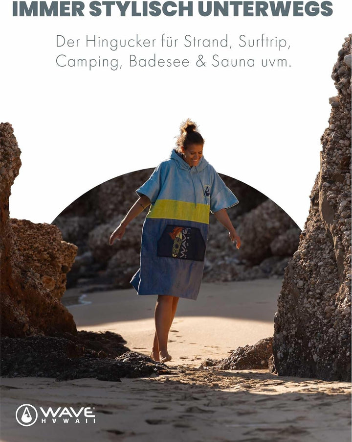 WAVE HAWAII Bade-Poncho Damen & Herren | Grösse L, 170-200cm I 100% Baumwolle Surf-Poncho Erwachsene