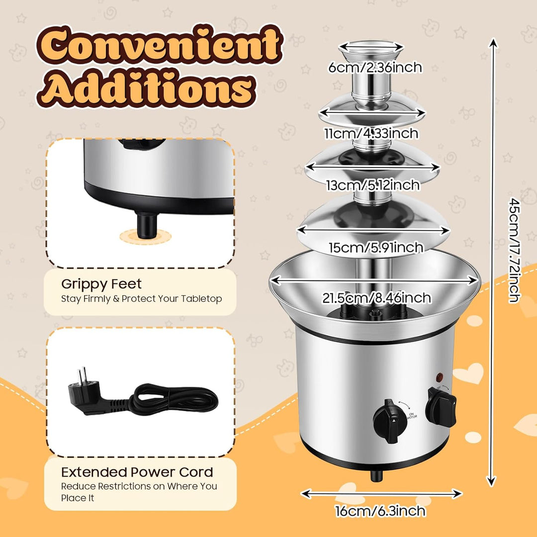 Schokoladenbrunnen Edelstahl, 4-Etagen mit Schmelzfunktion, 170W & 1.8L Kapazität, Elektrischer Scho