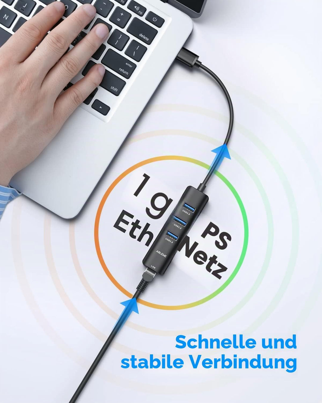 USB C zu Ethernet Adapter,ABLEWE 4-in-1 RJ45 zu USB-C/Thunderbolt 3 zu Gigabit Ethernet LAN Netzwerk