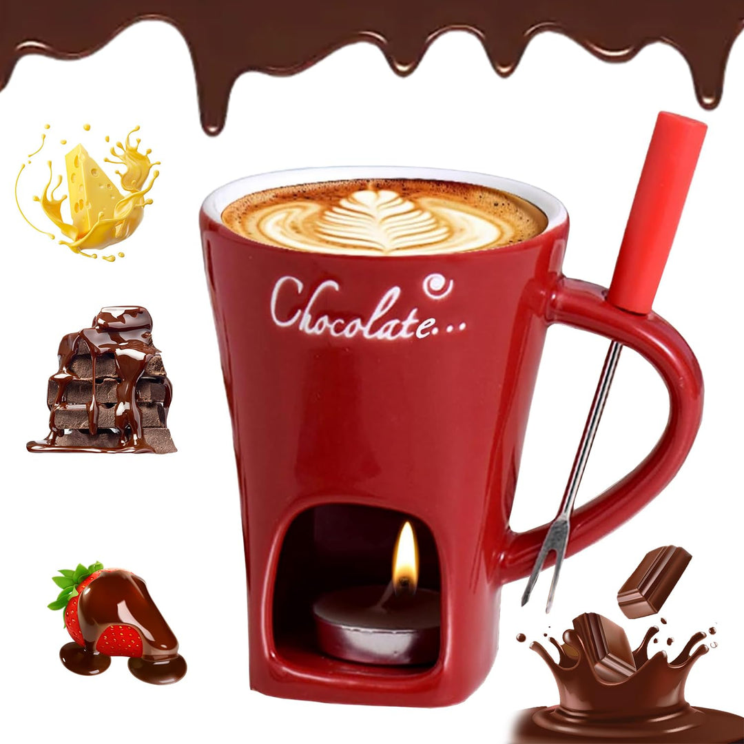 Schokoladen Fondue Becher Set, 200 ml Keramik Schokoladenfondue Tasse, Schokofondue Tasse mit Gabel
