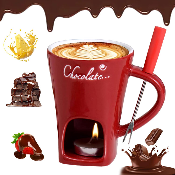 Schokoladen Fondue Becher Set, 200 ml Keramik Schokoladenfondue Tasse, Schokofondue Tasse mit Gabel