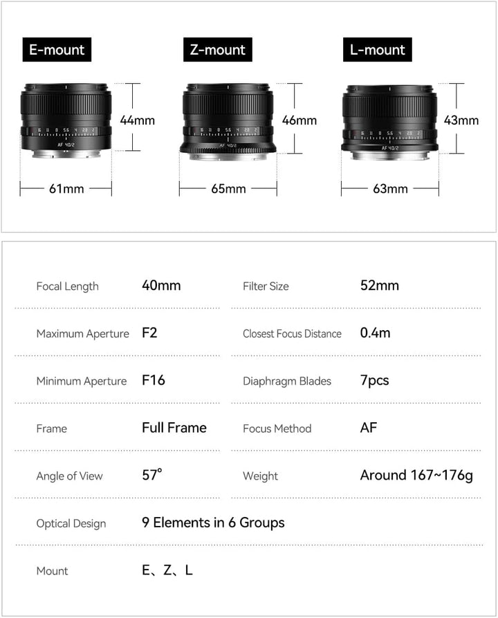 TTARTISAN AF 40mm F2 L Mount Vollformat Autofokus Objektiv, Grosse Blende Kompaktes Leichtes Kamerao