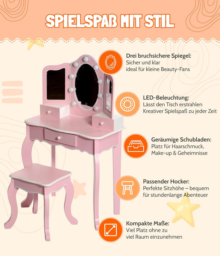 Bayer Chic 2000® Schminktisch Kinder mit LED Beleuchtung & Hocker – Bruchsichere Spiegel & Ausreiche