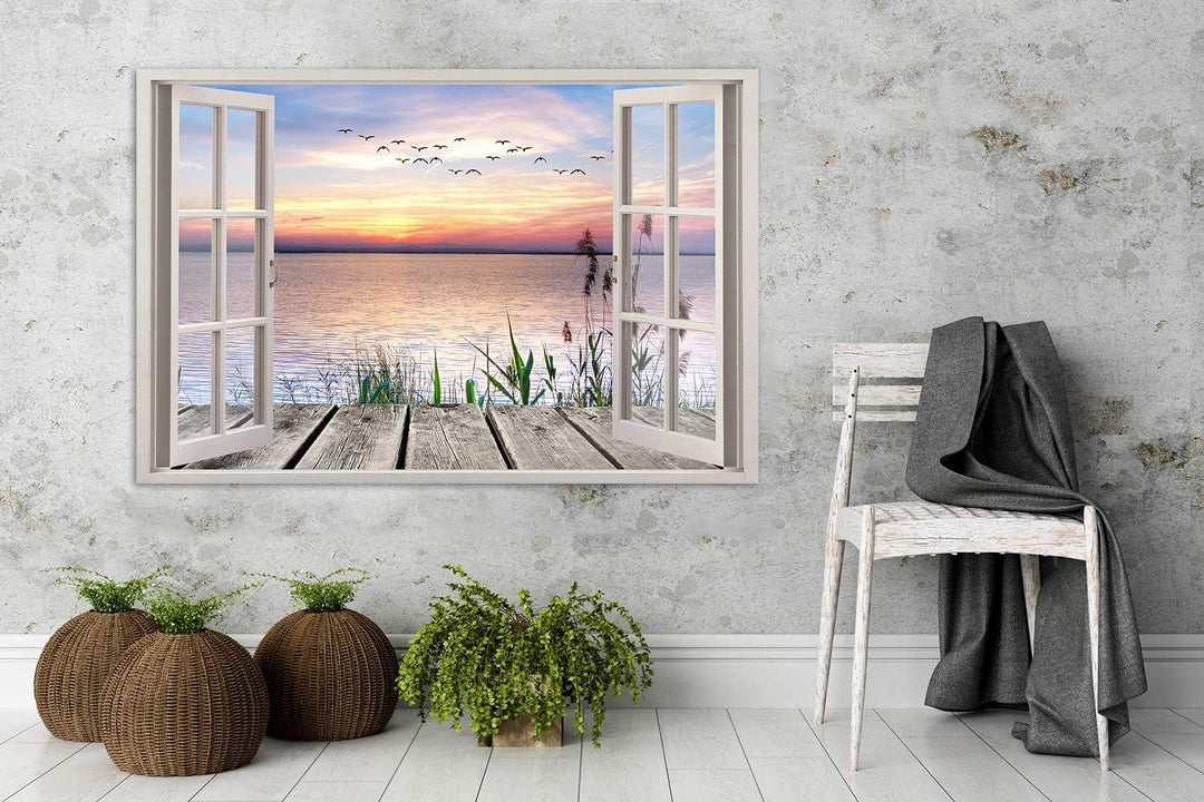 Feeby Viles - Leinwand Bilder - Fensterblick Natur- 90x60 cm- Deko Wohnzimmer - Wandbilder Schlafzim