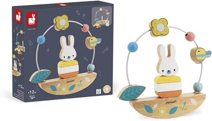 Janod - Motorikschleife mit Hase Pure - Entwicklungsspielzeug aus Holz - 3 Lernaktivitäten - Feinmot