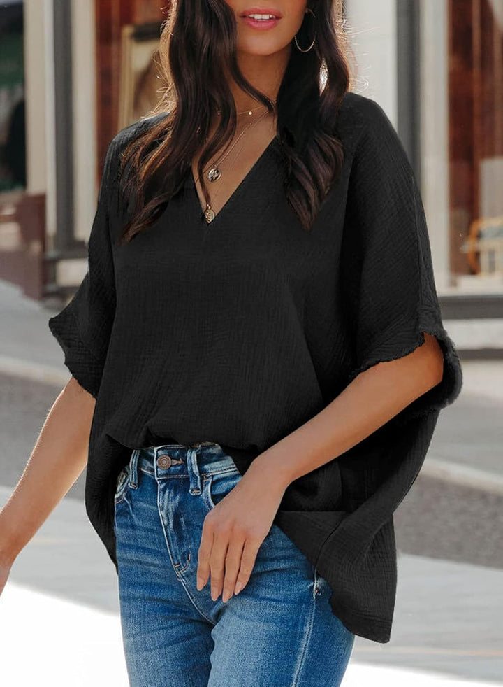 Dokotoo Damen Bluse V-Ausschnitt Musselin Tunika Shirt Oberteil Sommer Kurzarm Locker Longshirt Tops