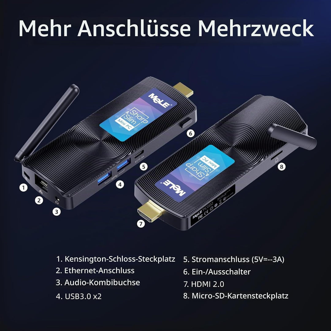 MeLE PCG02 Lüfterloser Mini PC Stick Windows 11 Home Celeron N4000(bis zu 2.6GHz) 4GB LPDDR4 128GB R