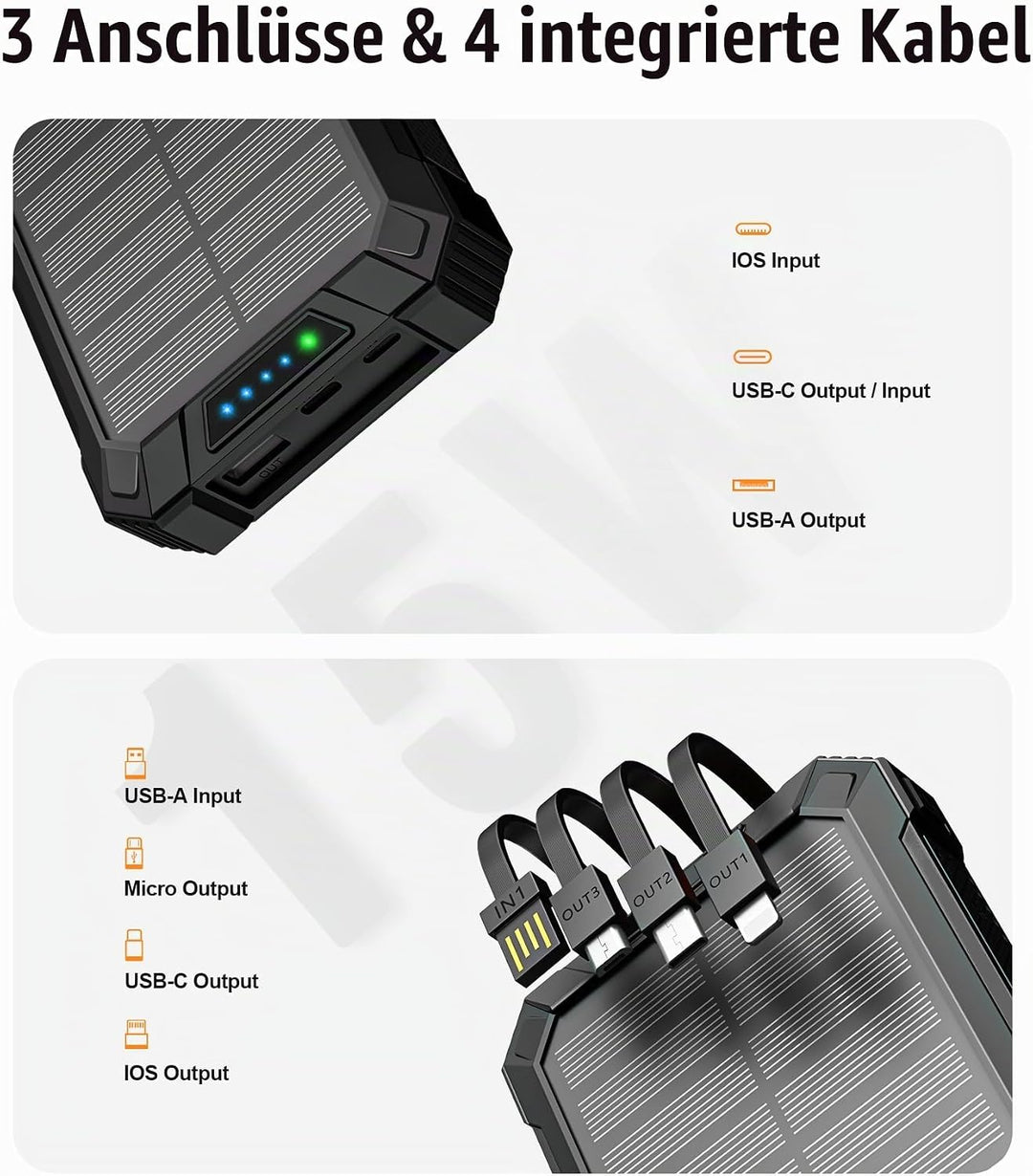 Solar Powerbank 26800mAh mit integrierten 4 Kabeln, Wireless Power Bank USB-C Ausgang/Eingang 15W Sc