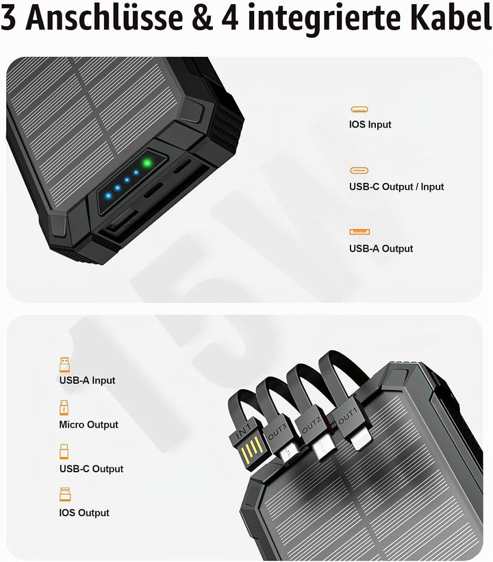 Solar Powerbank 26800mAh mit integrierten 4 Kabeln, Wireless Power Bank USB-C Ausgang/Eingang 15W Sc