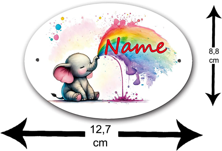 Türschild mit Name und Schriftartwahl/Kunststoff Oval 12,7 x 8,8 x 0,2 cm mit 2 Bohrungen (Elefant),