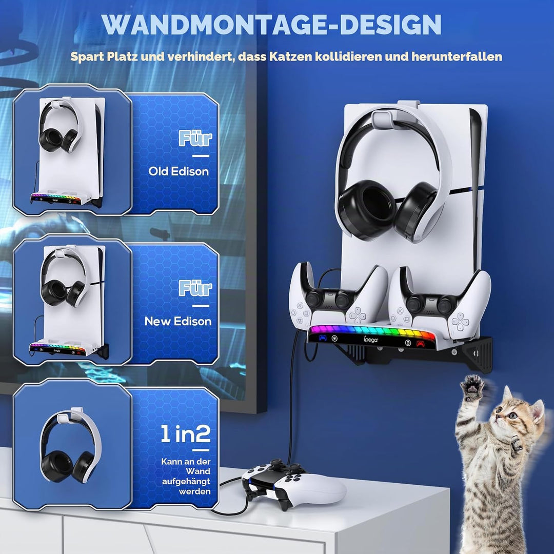 RGB Wandhalterung für PS5/Pro/Slim mit doppelter Controller-Ladestation, PlayStation 5 Halterung für