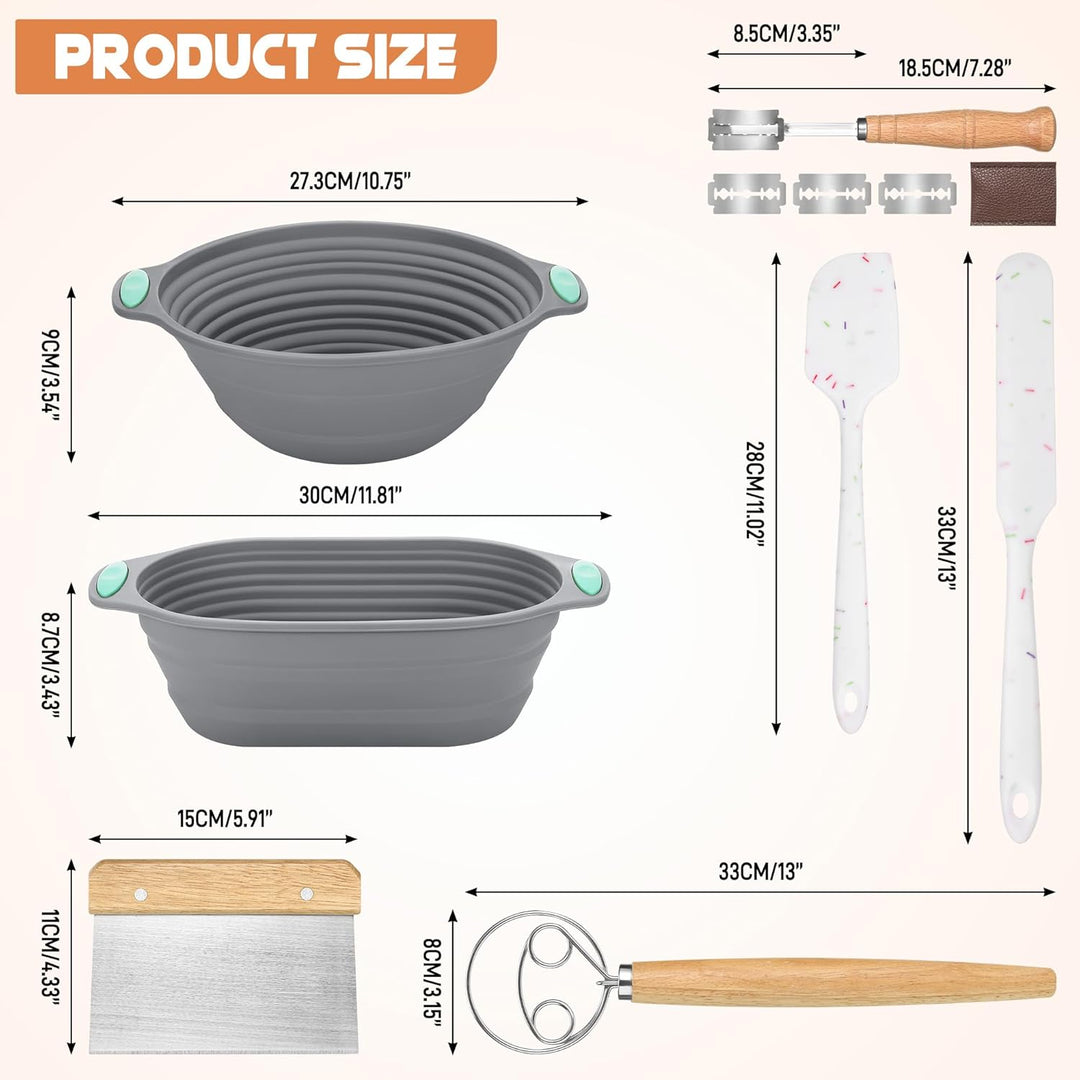 Sauerteig Starter Set zum Brot Backen, Gärkorb Set aus 2er Faltbar Gärkörbchen Silikon, 2er Teigscha