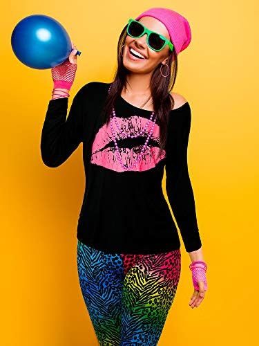 80er Jahre Damen Kostüm Set, T Shirt, Legging Hose Ohrring Halskette Handschuhe Armband(Lange Ärmel