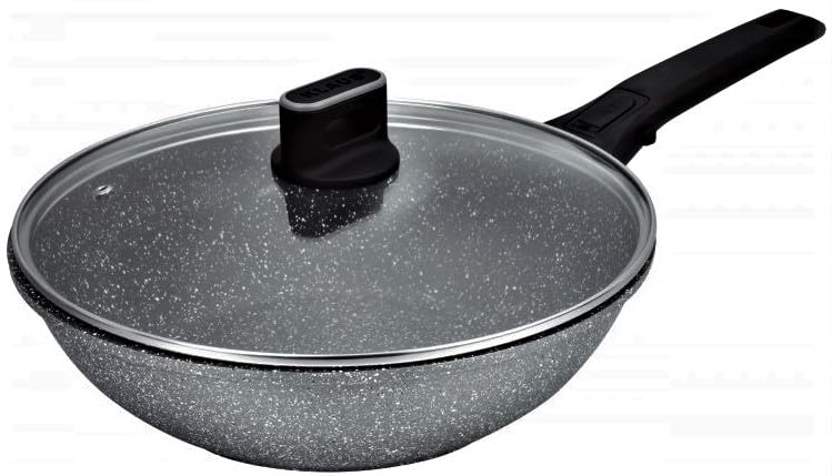 Wok-Pfannen in Steinoptik mit Deckel, hochwertig, antihaftbeschichtet, für alle Herdarten geeignet,