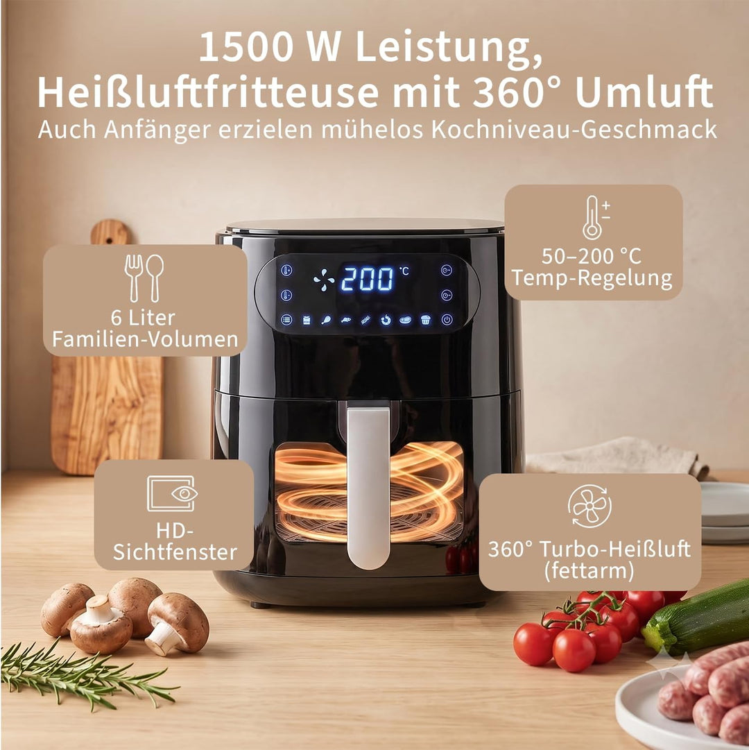 Citybee 6L Heissluftfritteuse mit beleuchtetem Sichtfenster - Extra Leiser Airfryer, 7 Programme &amp; T