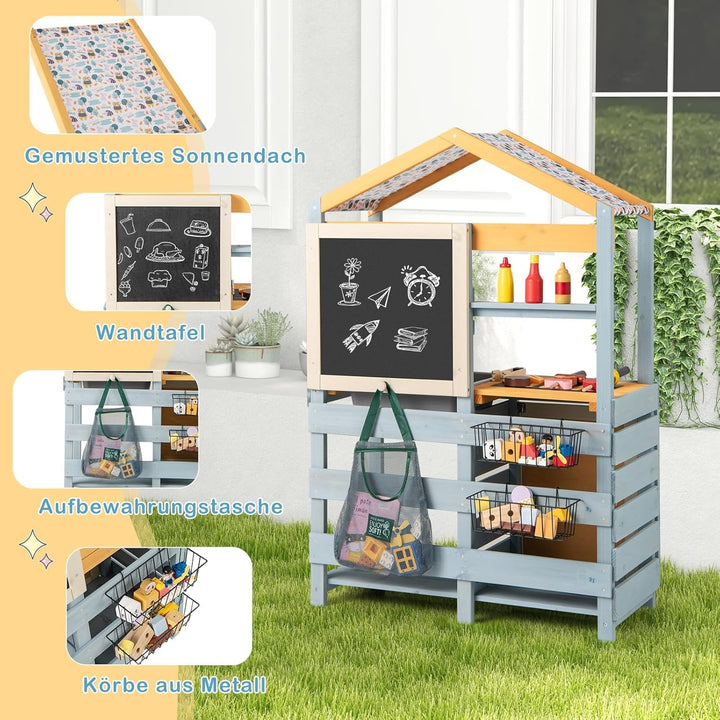 COSTWAY 2-IN-1 Matschküche Kinder Outdoor, Kinderküche Holz mit Tasche & Körben, Tafel & Zubehör, Sp