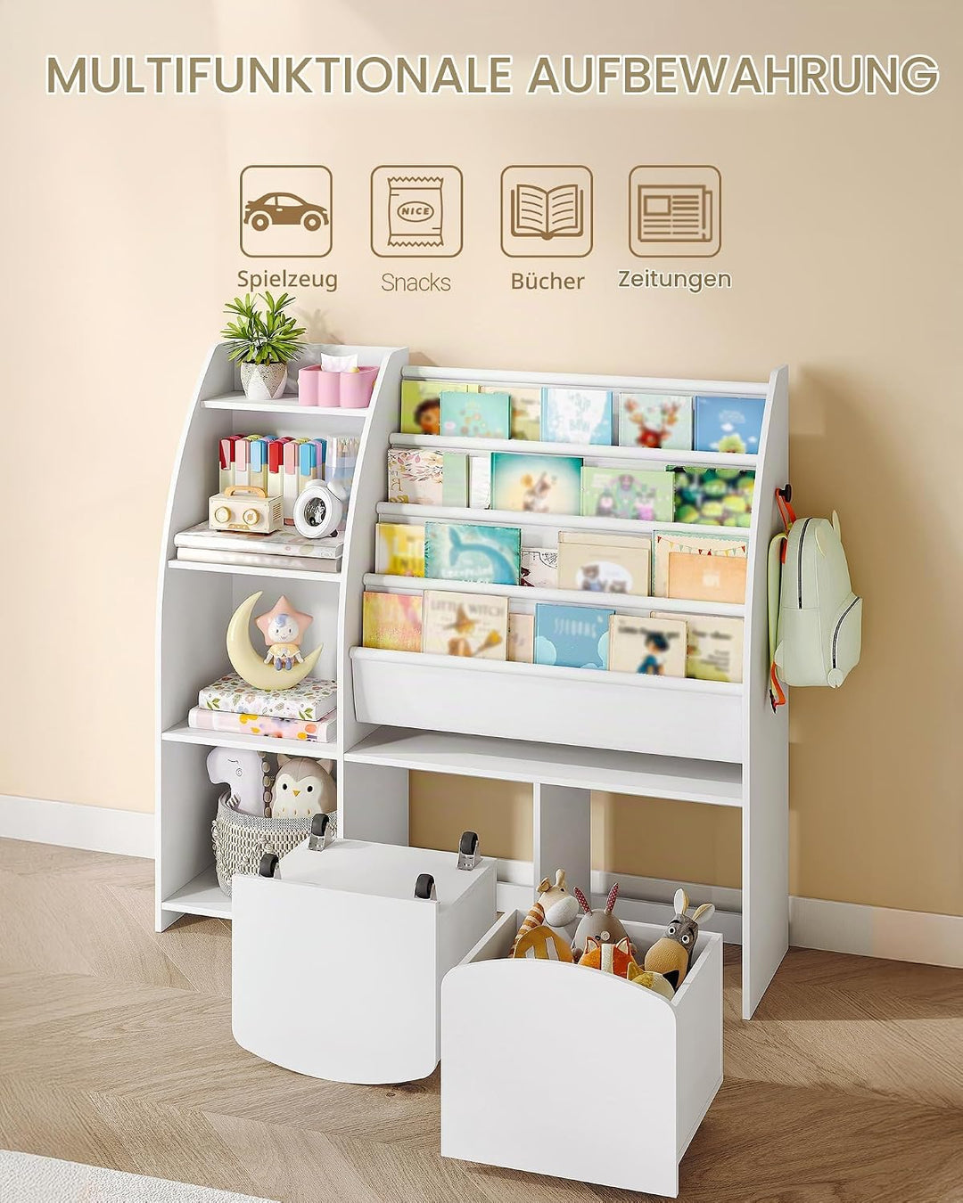 Hzuaneri Kinderregal mit Zeitungsständer, Bücherregal Kinder mit 2 Säulen, 4 Ablagen, Spielzeugregal