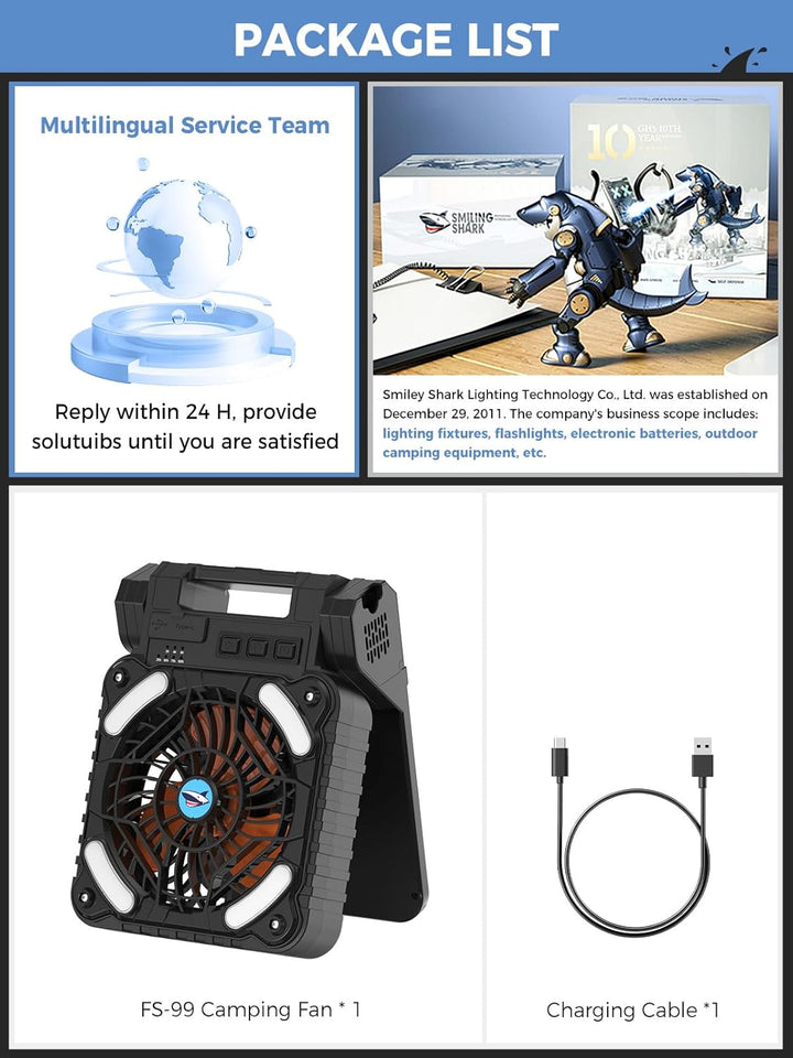 Smiling Shark Camping Ventilator LED, 6000mAh USB Aufladbar Tragbar Zelt Ventilator light 4 Speeds &
