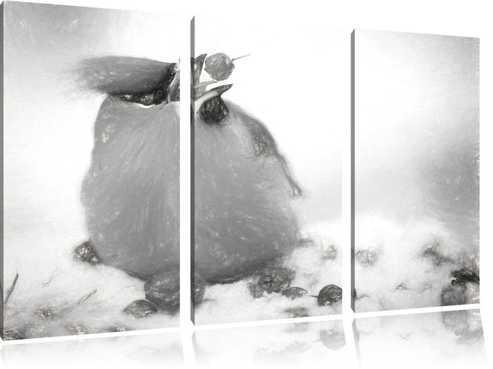 Pixxprint Kleiner Vogel im Schnee Kohle Zeichnung Effekt 3-Teiler Leinwandbild 120x80 Bild auf Leinw