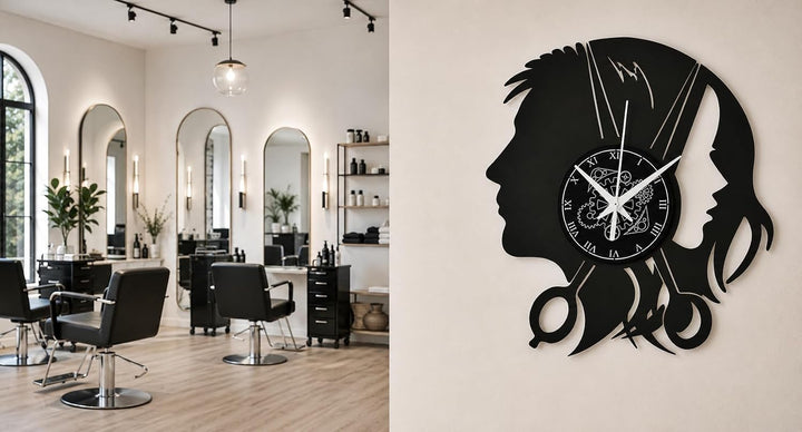 Instant Karma Clocks, Schönheitssalon Wanduhr aus Vinyl Schallplattenuhr mit Friseursalon Barber Sho
