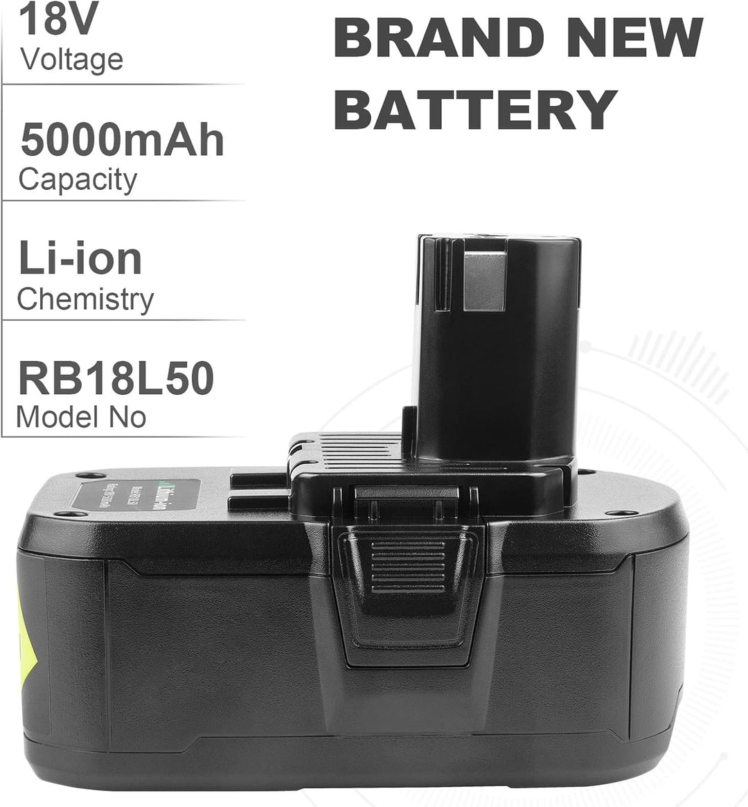 LabTEC RB18L50 18V 5Ah Ersatzakku für Ryobi 2 Packs mit Dual Port Ladegerät Ersatz für Ryobi P117 12