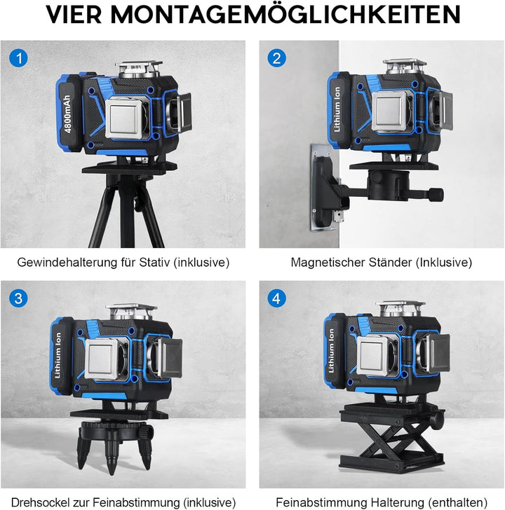 Laserstufe 4x360° Grünstrahl mit LCD-Bildschirm, Selbstnivellierendes Werkzeug mit wiederaufladbarem