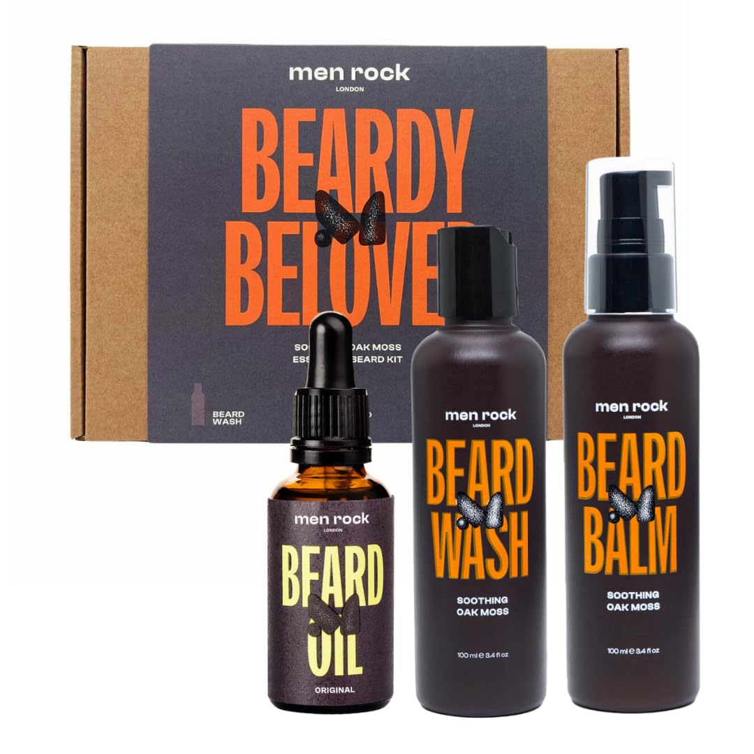 Men Rock Beardy Beloved Bartpflege Set für Männer mit Eichenmoos-Duft, 3-tlg. - Bartshampoo, Balm &