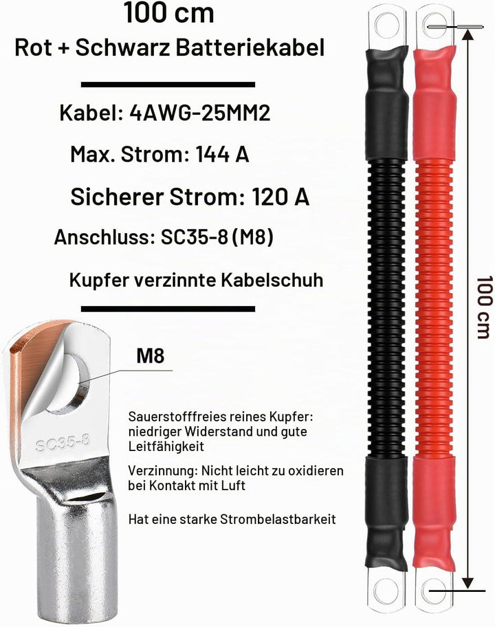 DIHOOL batteriekabel 25mm2 m8 100cm 4 AWG Silikonkabel Wellrohr Kabelrohr Weich und Flexibel Hitzebe